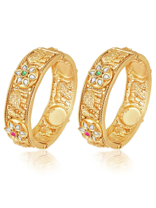 Gold - Rani Pink Green bangles crafted from brass, adorned with crystals for an elegant, timeless look | Peora
