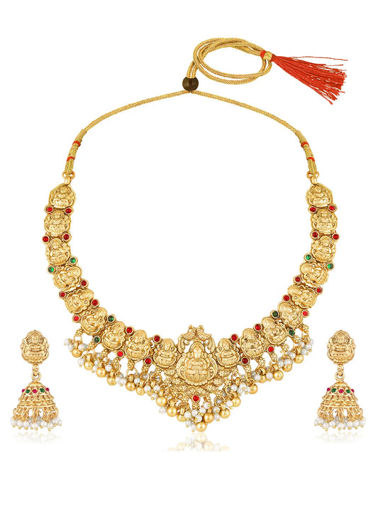 Gold - Rani Pink Green necklace earrings set crafted from brass, adorned with faux kundan & beads for an elegant, timeless look | Peora

