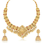 Gold - Rani Pink Green necklace earrings set crafted from brass, adorned with faux kundan & beads for an elegant, timeless look | Peora

