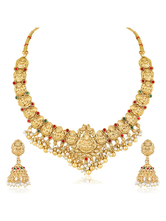 Gold - Rani Pink Green necklace earrings set crafted from brass, adorned with faux kundan & beads for an elegant, timeless look | Peora
