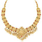 Gold - Rani Pink Green necklace earrings set crafted from brass, adorned with faux kundan & beads for an elegant, timeless look | Peora
