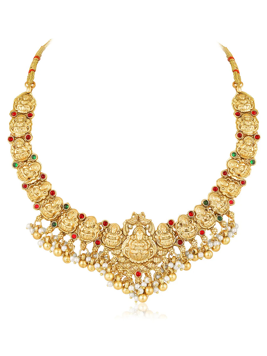 Gold - Rani Pink Green necklace earrings set crafted from brass, adorned with faux kundan & beads for an elegant, timeless look | Peora
