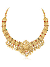Gold - Rani Pink Green necklace earrings set crafted from brass, adorned with faux kundan & beads for an elegant, timeless look | Peora
