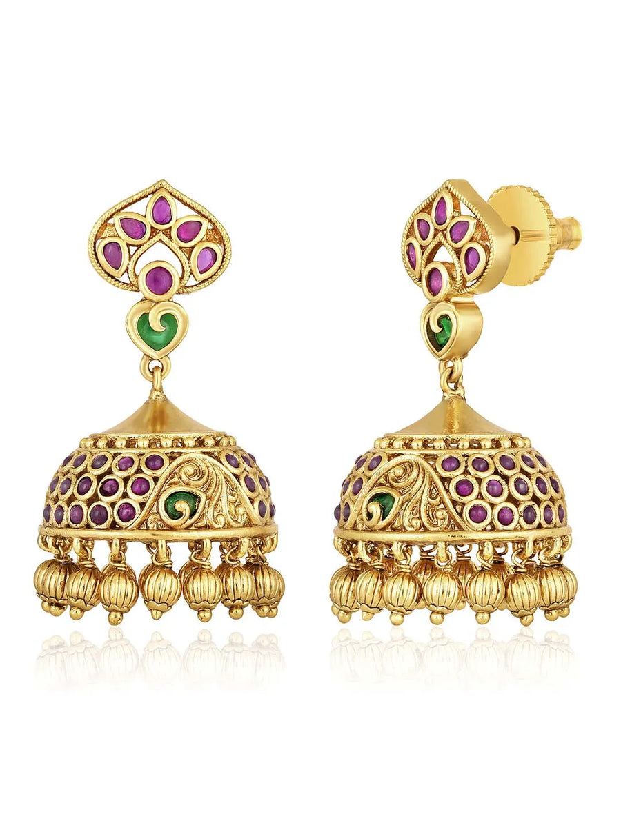 Traditional Style Golden Jhumki Earrings. Stunning  Golden Harmony Dangle Earrings. Gold-plated Jhumki earrings with green and rani pink stones, and hanging beads – traditional festive jewellery.