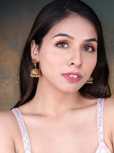 Traditional Style Golden Jhumki Earrings. Stunning  Golden Harmony Dangle Earrings. Gold-plated Jhumki earrings with green and rani pink stones, and hanging beads – traditional festive jewellery.