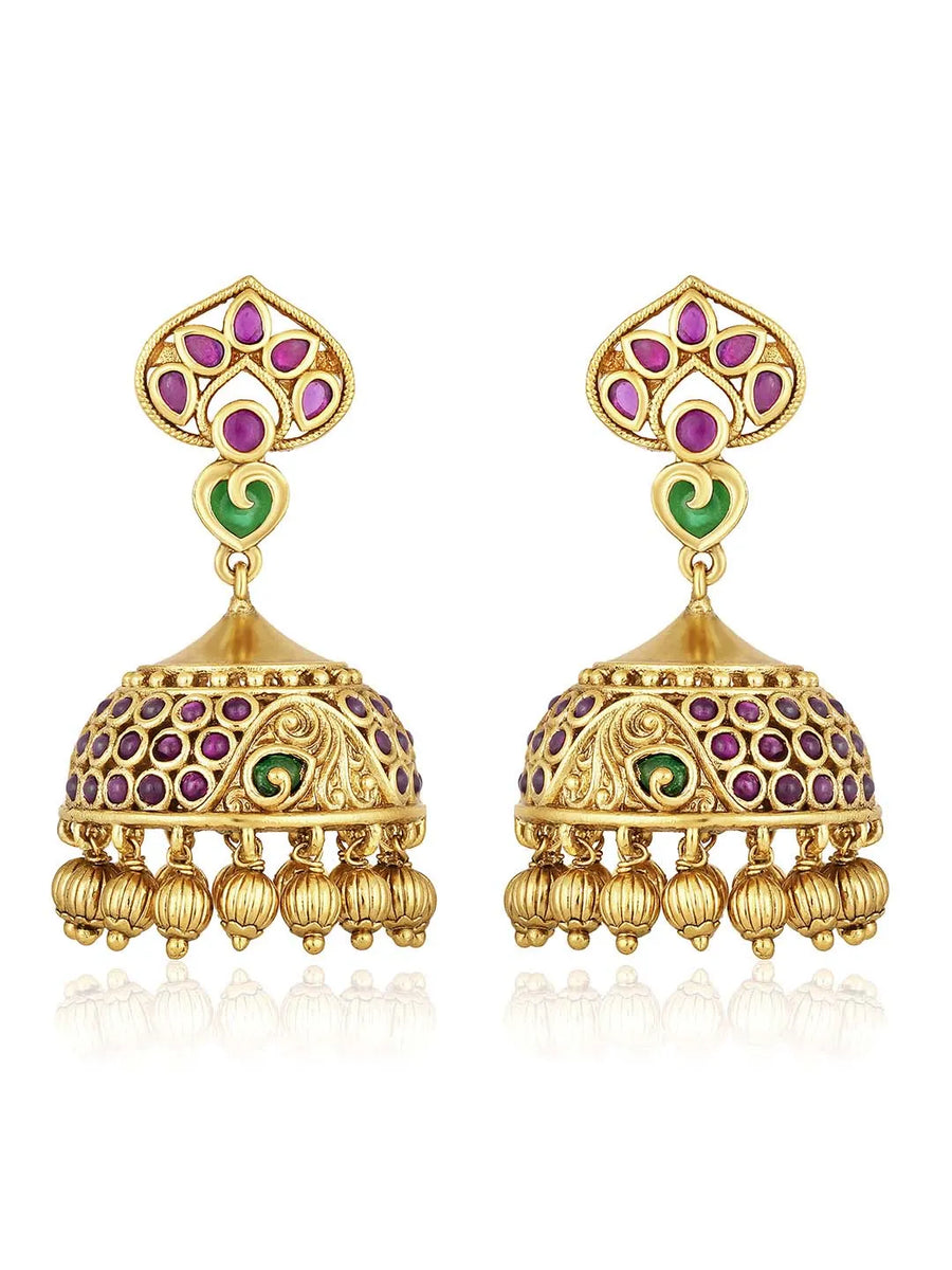 Traditional Style Golden Jhumki Earrings. Stunning  Golden Harmony Dangle Earrings. Gold-plated Jhumki earrings with green and rani pink stones, and hanging beads – traditional festive jewellery.