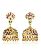 Traditional Style Golden Jhumki Earrings. Stunning  Golden Harmony Dangle Earrings. Gold-plated Jhumki earrings with green and rani pink stones, and hanging beads – traditional festive jewellery.