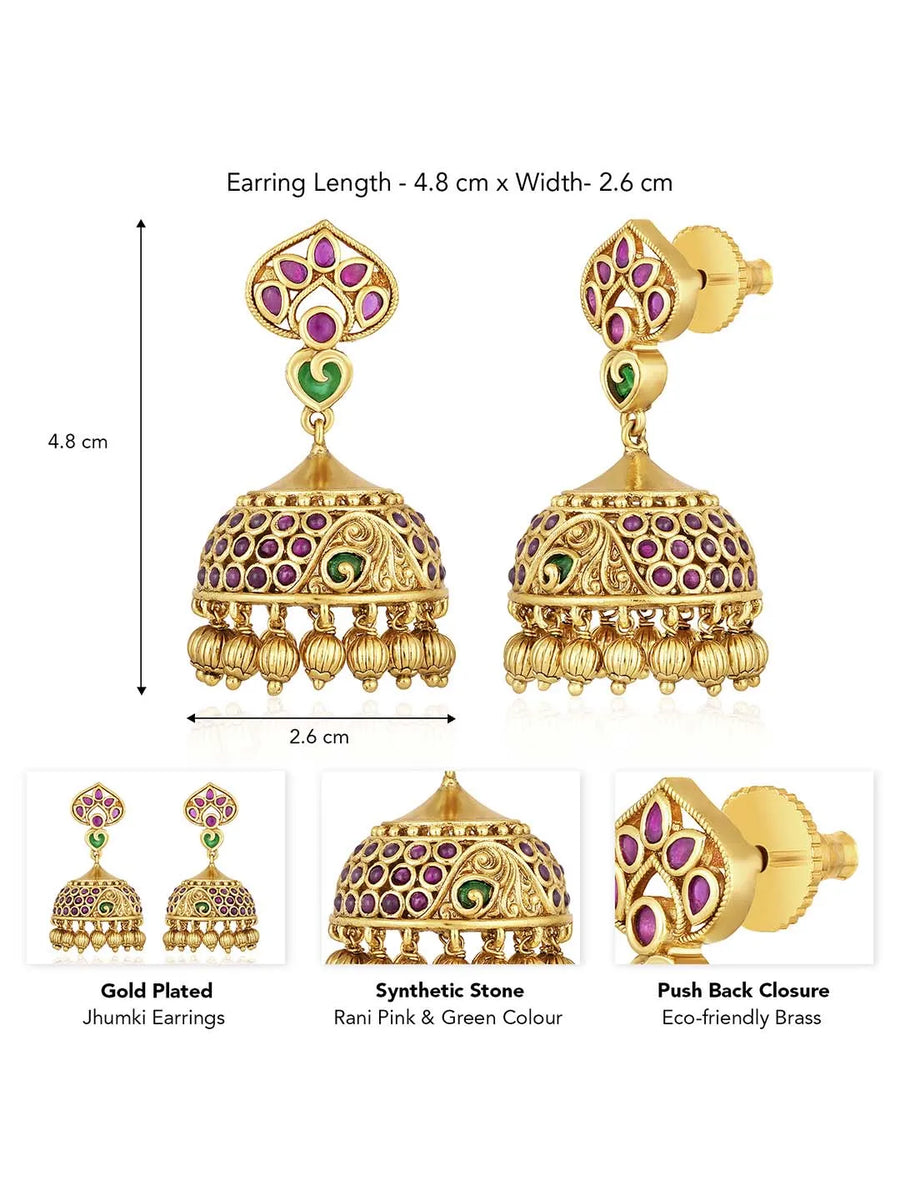 Traditional Style Golden Jhumki Earrings. Stunning  Golden Harmony Dangle Earrings. Gold-plated Jhumki earrings with green and rani pink stones, and hanging beads – traditional festive jewellery.