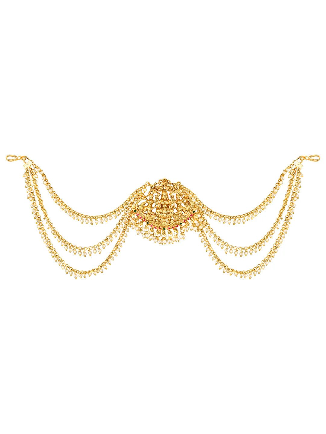 Gold - Rani Pink Green juda pin crafted from brass, adorned with faux kundan & beads for an elegant, timeless look | Peora
