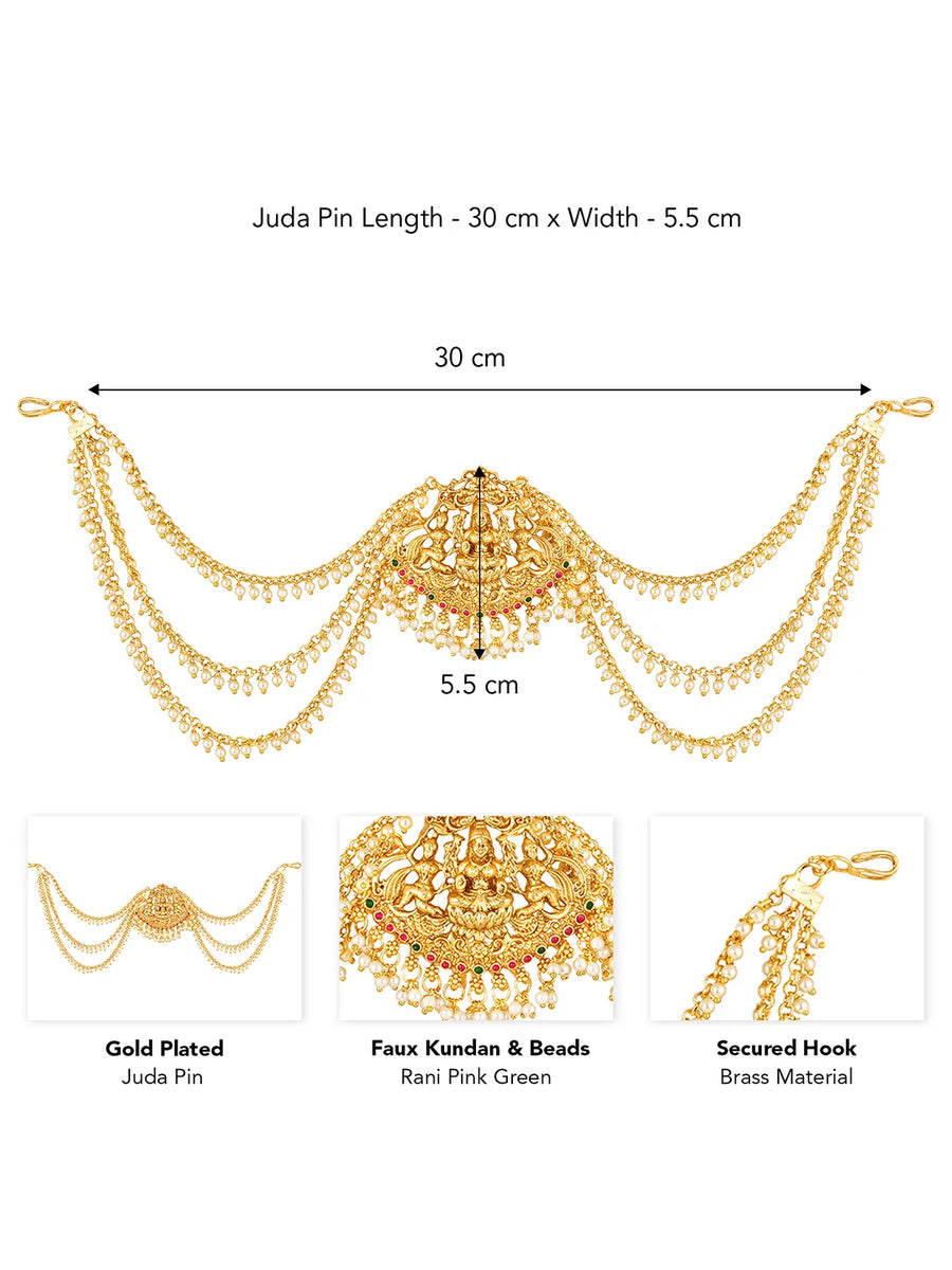 Gold - Rani Pink Green juda pin crafted from brass, adorned with faux kundan & beads for an elegant, timeless look | Peora
