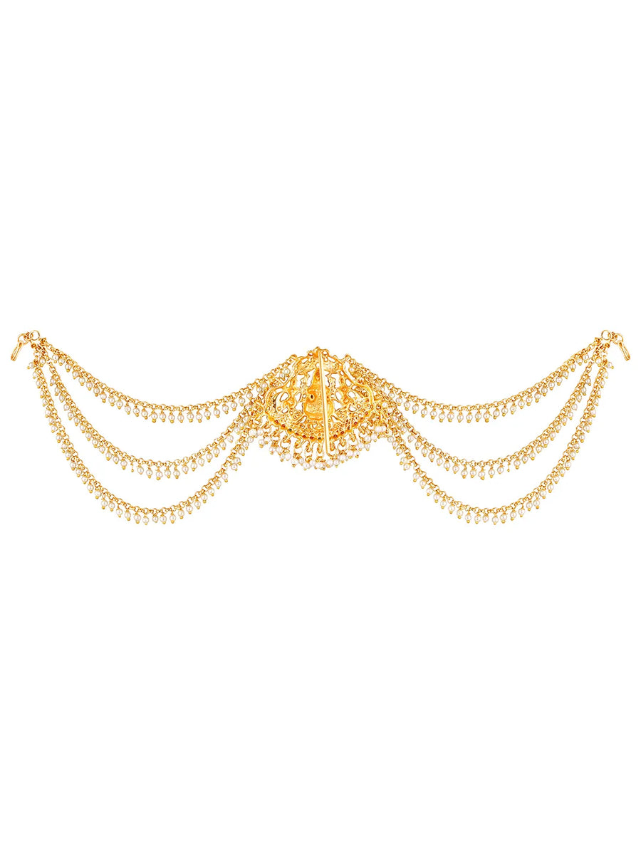 Gold - Rani Pink Green juda pin crafted from brass, adorned with faux kundan & beads for an elegant, timeless look | Peora
