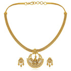 Radiant Elegance Golden Necklace Set. A golden necklace set with intricate designs, consisting of necklace and matching earrings.