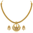Radiant Elegance Golden Necklace Set. A golden necklace set with intricate designs, consisting of necklace and matching earrings.
