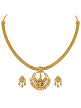 Radiant Elegance Golden Necklace Set. A golden necklace set with intricate designs, consisting of necklace and matching earrings.