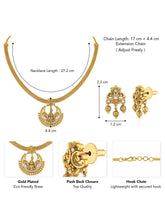 Radiant Elegance Golden Necklace Set. A golden necklace set with intricate designs, consisting of necklace and matching earrings.