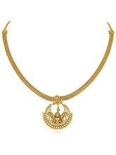 Radiant Elegance Golden Necklace Set. A golden necklace set with intricate designs, consisting of necklace and matching earrings.