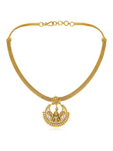 Radiant Elegance Golden Necklace Set. A golden necklace set with intricate designs, consisting of necklace and matching earrings.