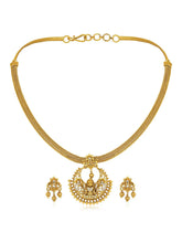 Radiant Elegance Golden Necklace Set. A golden necklace set with intricate designs, consisting of necklace and matching earrings.