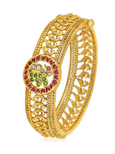 Traditional Kada with Intricate Design. Gold plated with green, white & purple stones. It has detailed design with screw opening. Best temple jewellery.