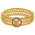 Traditional Kada with Intricate Design. Gold plated with green, white & purple stones. It has detailed design with screw opening. Best temple jewellery.
