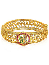 Traditional Kada with Intricate Design. Gold plated with green, white & purple stones. It has detailed design with screw opening. Best temple jewellery.