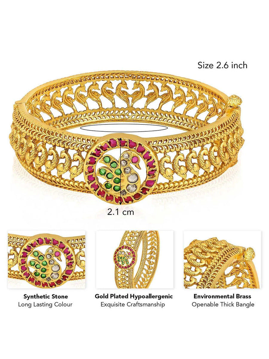 Traditional Kada with Intricate Design. Gold plated with green, white & purple stones. It has detailed design with screw opening. Best temple jewellery.