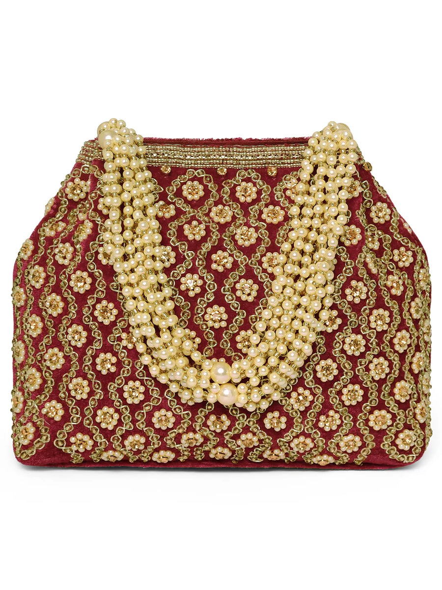 potli bag named Elegant Graceful Traditional Potli, featuring artificial beads detailing and soft 0 texture | Peora
