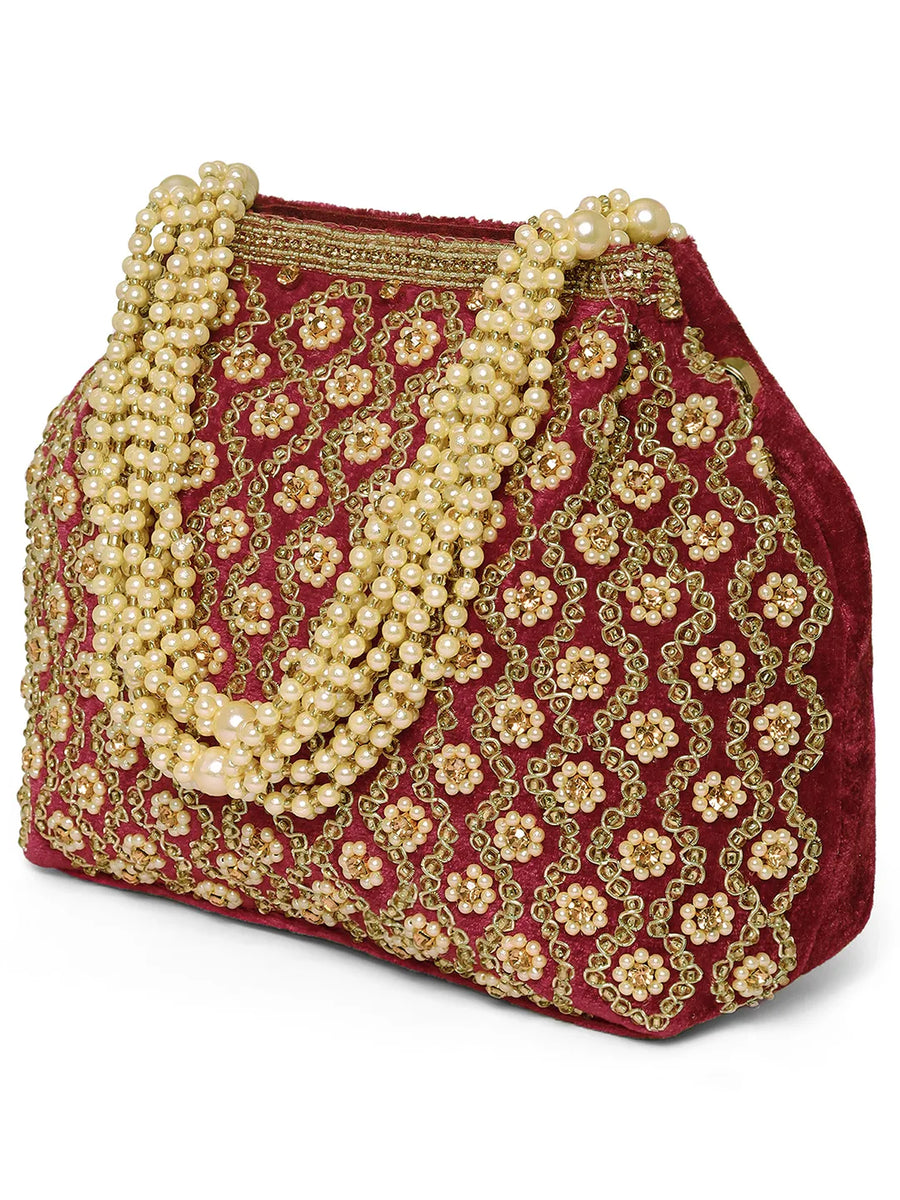 potli bag named Elegant Graceful Traditional Potli, featuring artificial beads detailing and soft 0 texture | Peora
