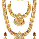 Gold - Rani Pink Green necklace earrings set crafted from brass, adorned with faux kundan for an elegant, timeless look | Peora
