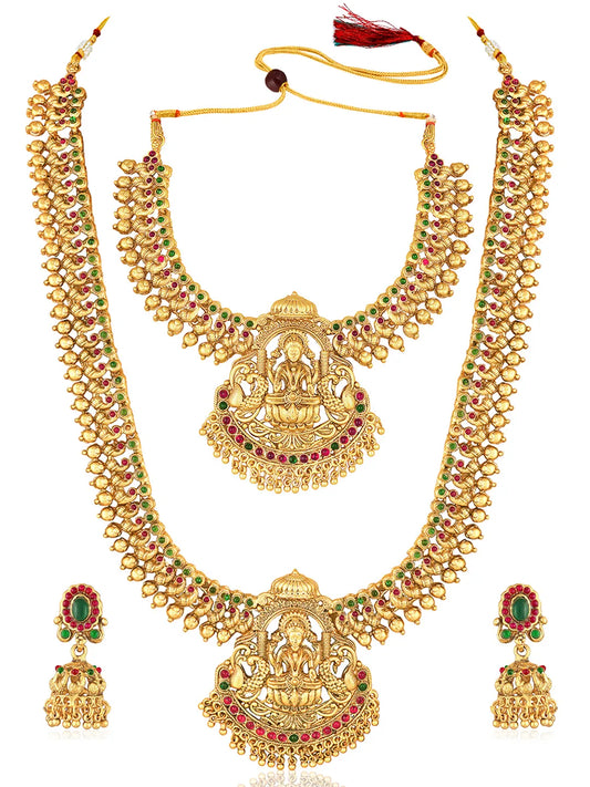 Gold - Rani Pink Green necklace earrings set crafted from brass, adorned with faux kundan for an elegant, timeless look | Peora
