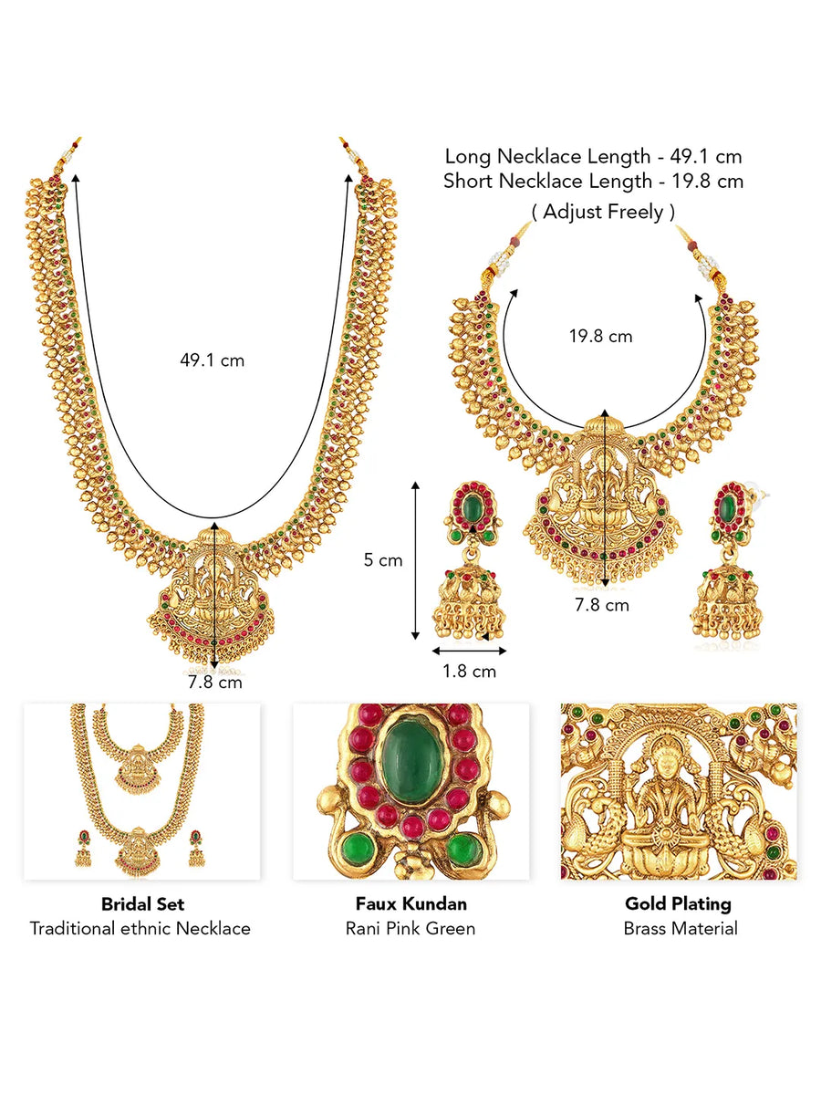 Gold - Rani Pink Green necklace earrings set crafted from brass, adorned with faux kundan for an elegant, timeless look | Peora
