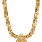 Gold - Rani Pink Green necklace earrings set crafted from brass, adorned with faux kundan for an elegant, timeless look | Peora
