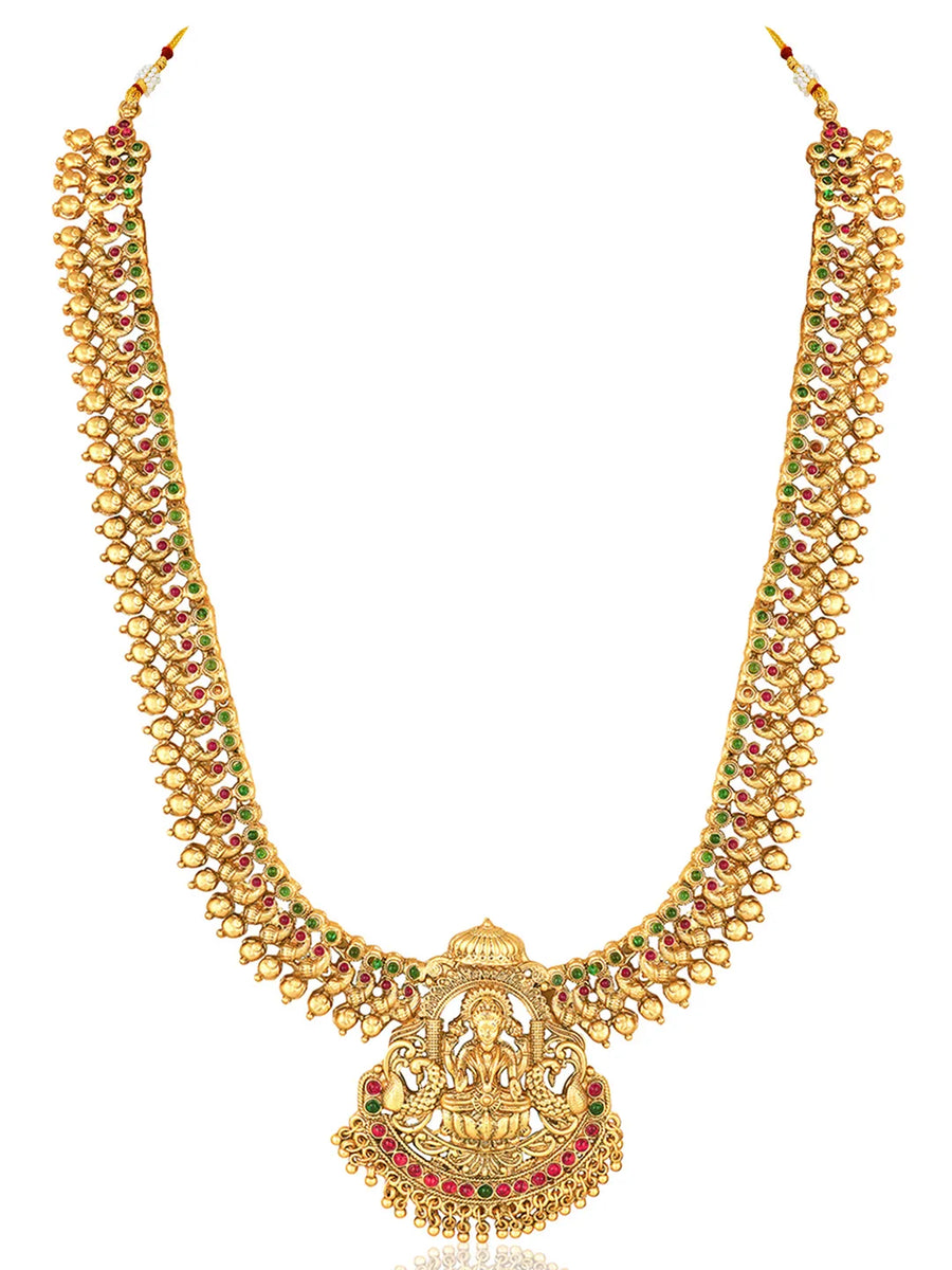 Gold - Rani Pink Green necklace earrings set crafted from brass, adorned with faux kundan for an elegant, timeless look | Peora
