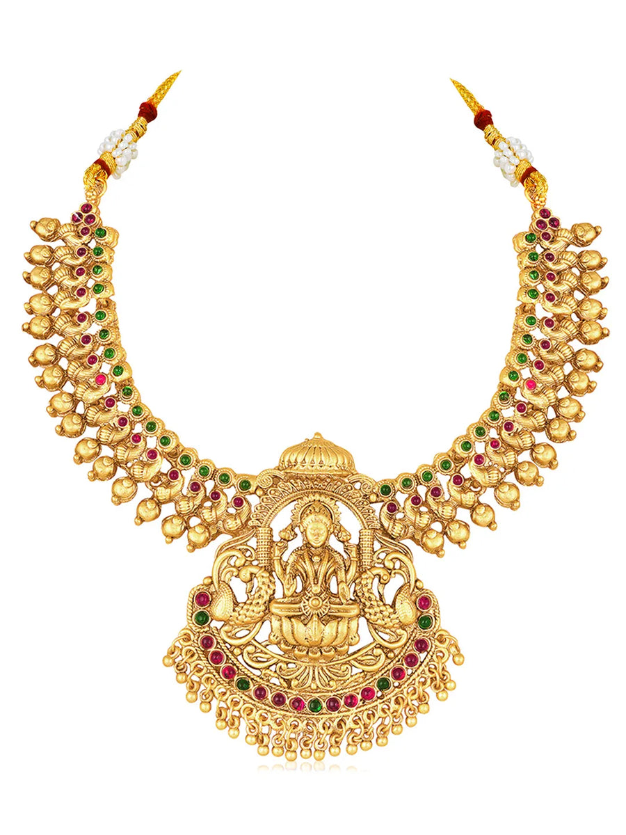 Gold - Rani Pink Green necklace earrings set crafted from brass, adorned with faux kundan for an elegant, timeless look | Peora
