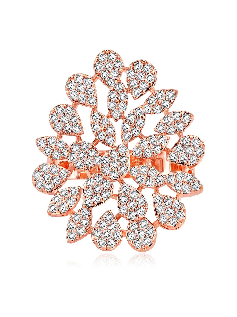 Stylish Shine CZ Statement Ring by Peora. A rose gold-plated adjustable ring with CZ stones with pattern.