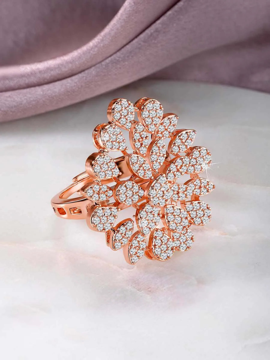 Stylish Shine CZ Statement Ring by Peora. A rose gold-plated adjustable ring with CZ stones with pattern.