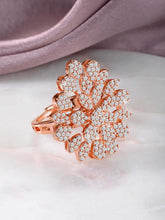 Stylish Shine CZ Statement Ring by Peora. A rose gold-plated adjustable ring with CZ stones with pattern.