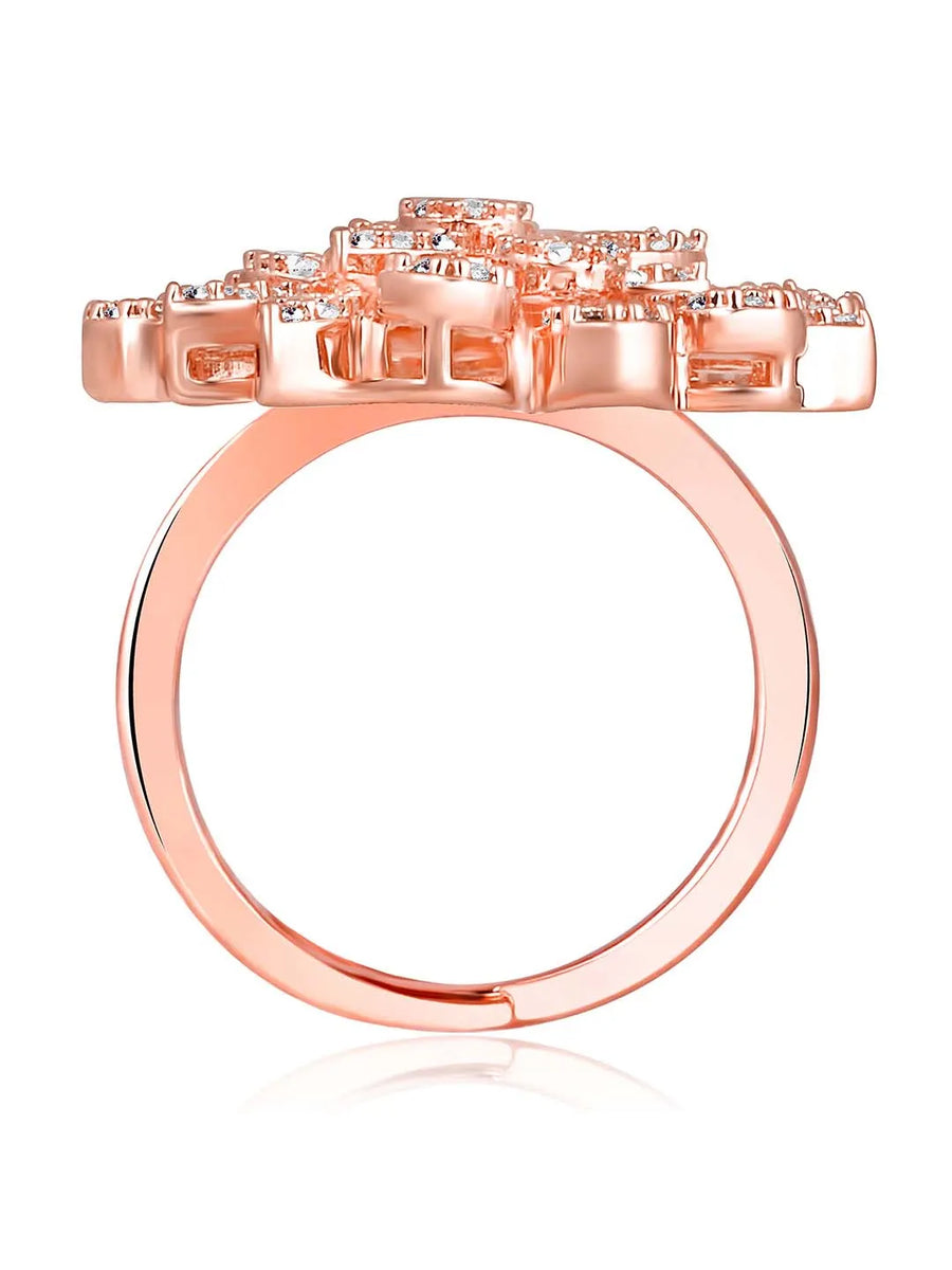 Stylish Shine CZ Statement Ring by Peora. A rose gold-plated adjustable ring with CZ stones with pattern.