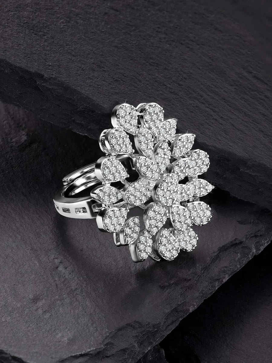 Stylish Shine CZ Statement Ring by Peora. A Silver-plated adjustable ring with CZ stones with pattern.