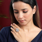 Stylish Shine CZ Statement Ring by Peora. A Silver-plated adjustable ring with CZ stones with pattern.