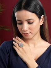 Stylish Shine CZ Statement Ring by Peora. A Silver-plated adjustable ring with CZ stones with pattern.