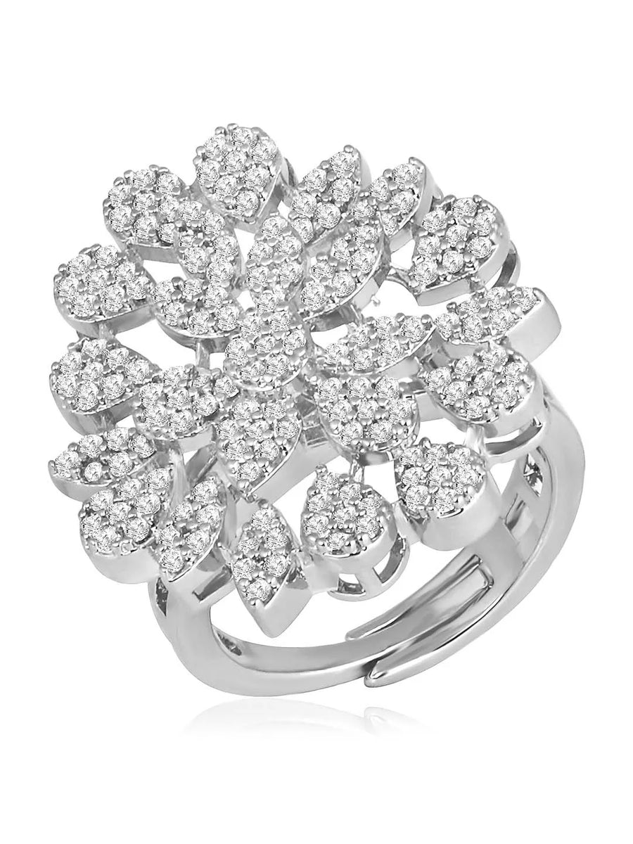 Stylish Shine CZ Statement Ring by Peora. A Silver-plated adjustable ring with CZ stones with pattern.