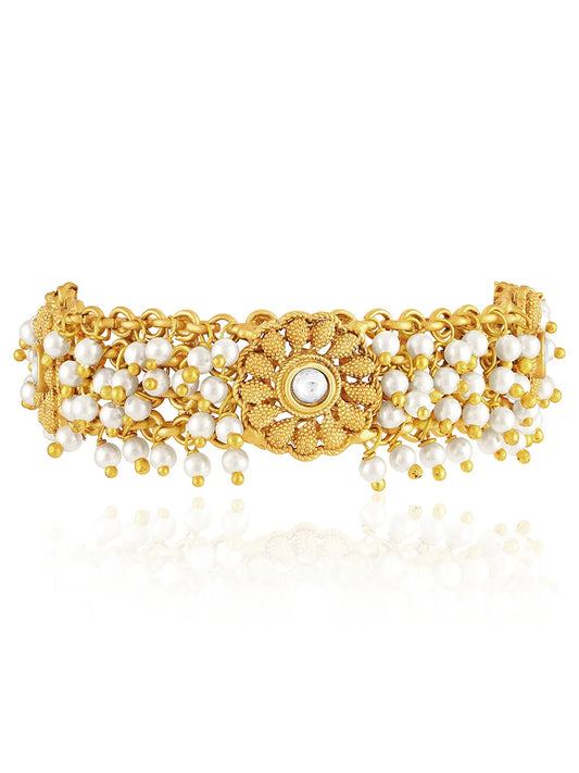 Golden necklace crafted from alloy, adorned with faux kundan & beads for an elegant, timeless look | Peora
