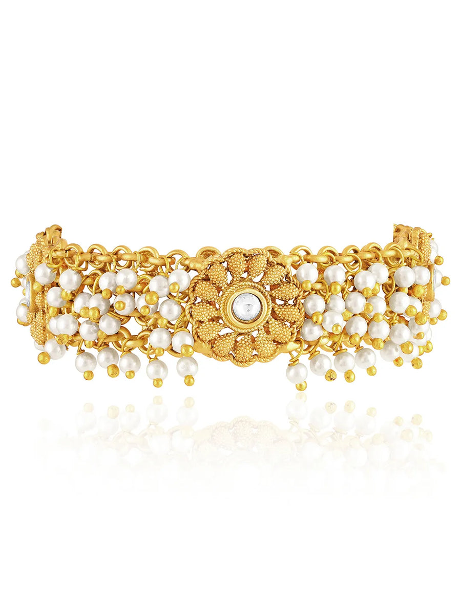 Golden necklace crafted from alloy, adorned with faux kundan & beads for an elegant, timeless look | Peora
