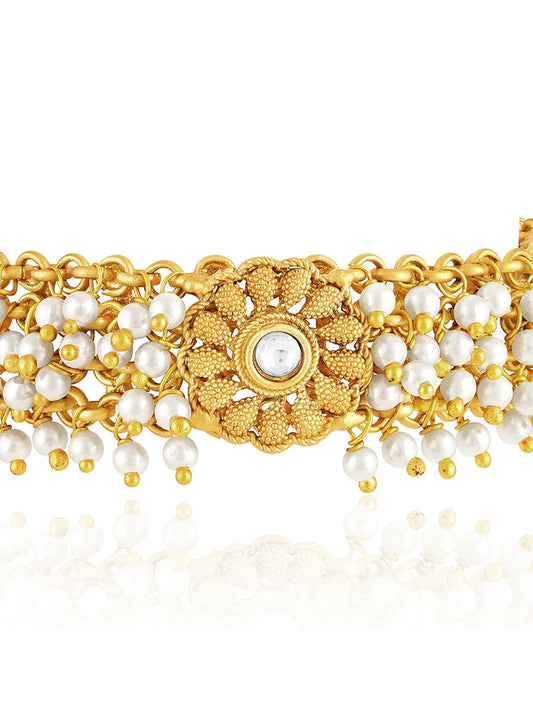 Golden necklace crafted from alloy, adorned with faux kundan & beads for an elegant, timeless look | Peora
