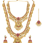 Gold - Rani Pink Green necklace earrings set crafted from brass, adorned with faux kundan & beads for an elegant, timeless look | Peora
