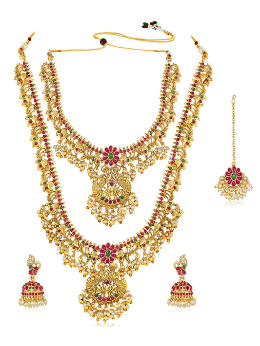 Gold - Rani Pink Green necklace earrings set crafted from brass, adorned with faux kundan & beads for an elegant, timeless look | Peora
