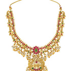 Gold - Rani Pink Green necklace earrings set crafted from brass, adorned with faux kundan & beads for an elegant, timeless look | Peora
