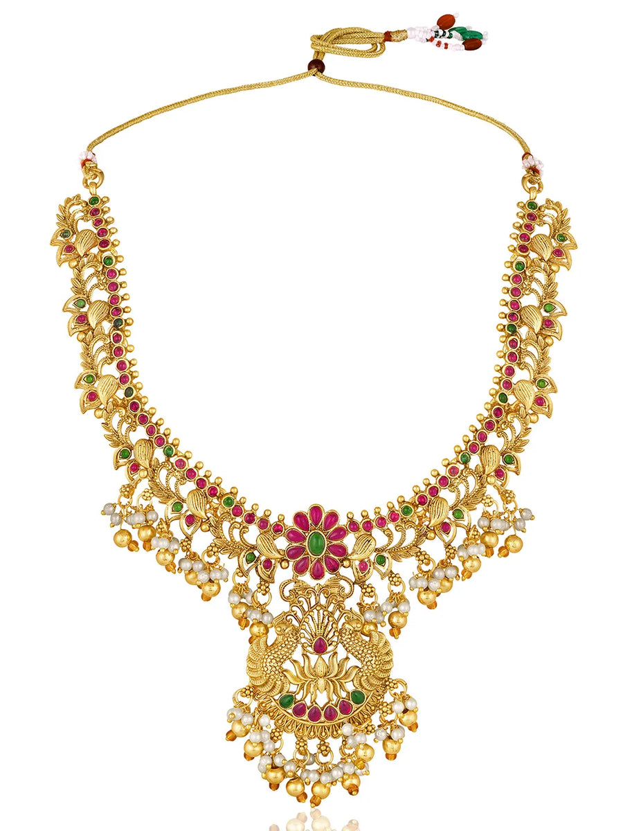 Gold - Rani Pink Green necklace earrings set crafted from brass, adorned with faux kundan & beads for an elegant, timeless look | Peora
