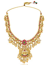 Gold - Rani Pink Green necklace earrings set crafted from brass, adorned with faux kundan & beads for an elegant, timeless look | Peora
